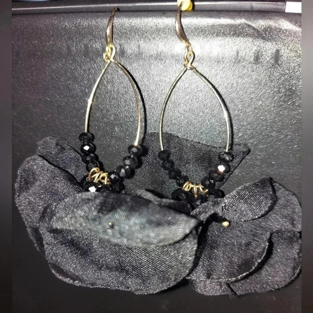 Black Flower and Goldtone Earrings